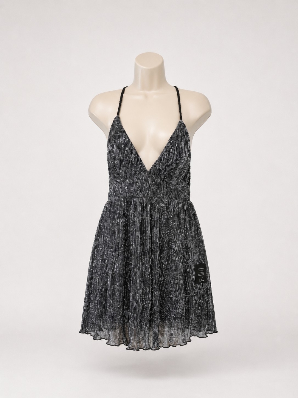 Lulus Womens Metallic Charcoal Criss-Cross Straps V-Neck Mini Dress Size M - Picture 5 of 9